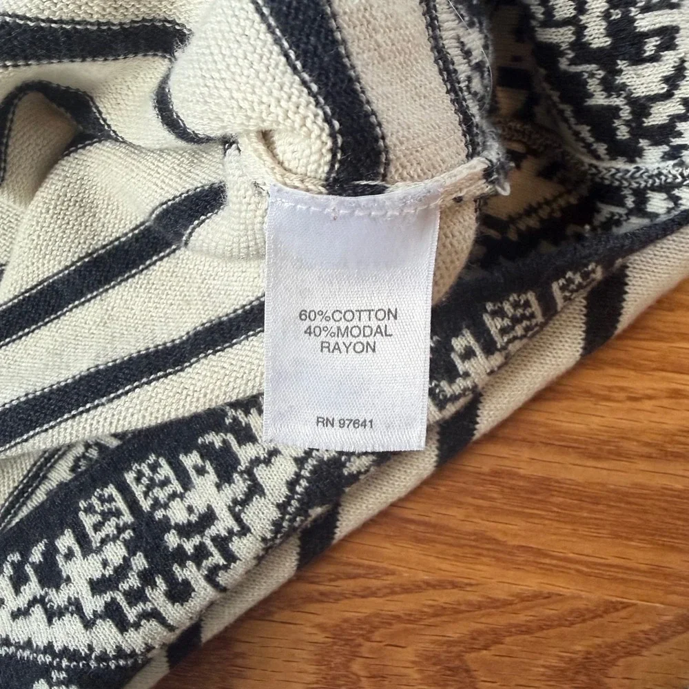 J. Jill Striped Lace Up Sweater Cream Navy Geometric Border Small Boho Indie EUC